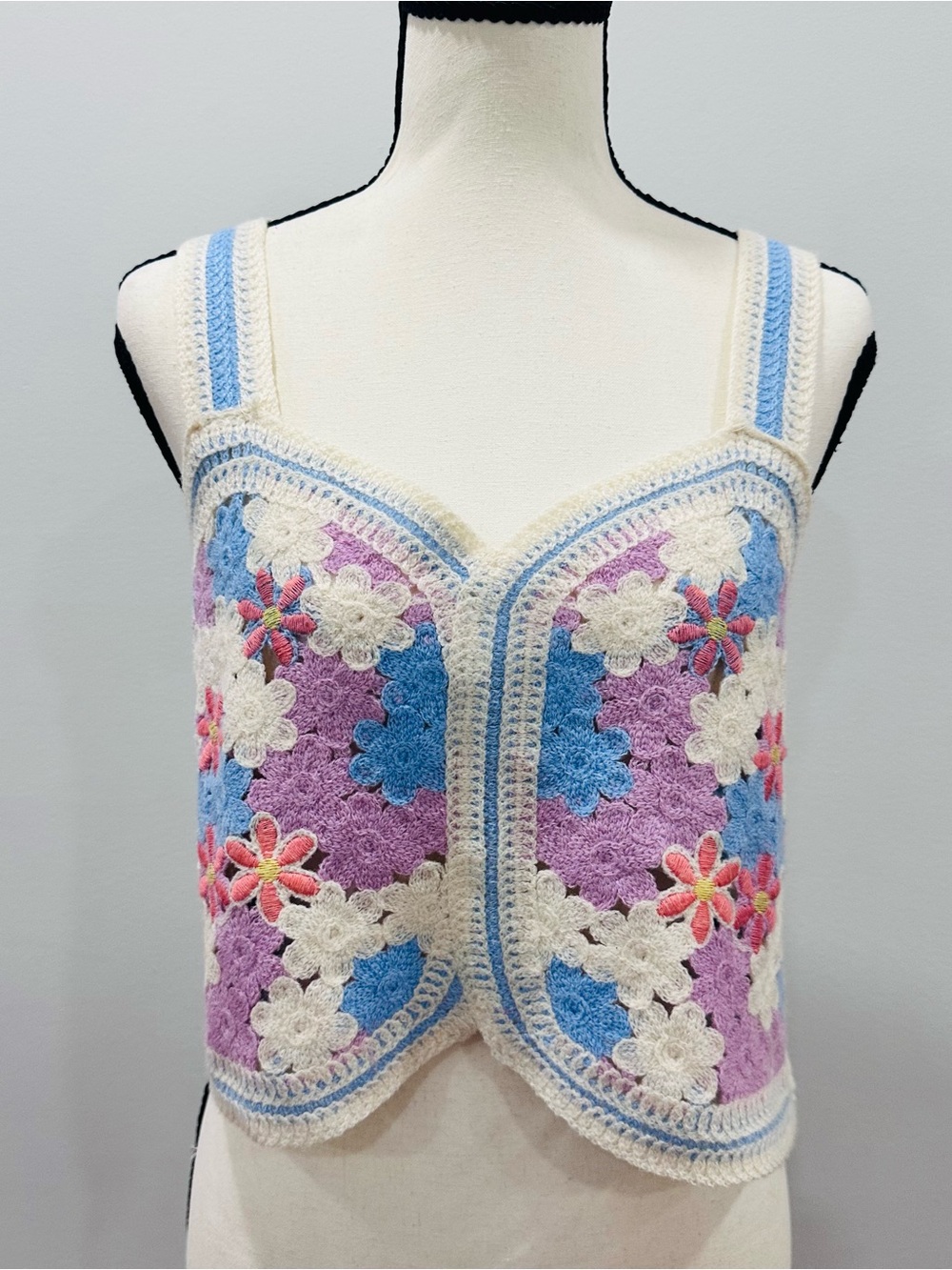 LE LIS Handmade Crochet Floral Tank Cream Lavender, Blue, Pink Size Medium/Large